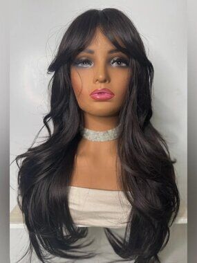Long Black Layered Synthetic Wig – Natural Jet Black, Curtain Bangs